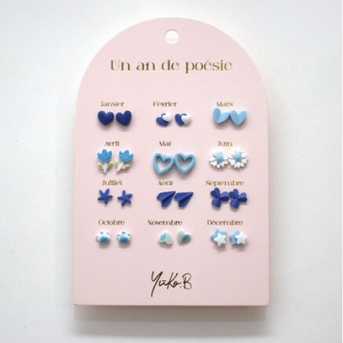 YUKO.B: Καρτέλα με 12 ζευγάρια σκουλαρίκια - A Year of Blue Poetry
