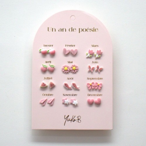 YUKO.B: Καρτέλα με 12 ζευγάρια σκουλαρίκια - A Year of Pink Poetry