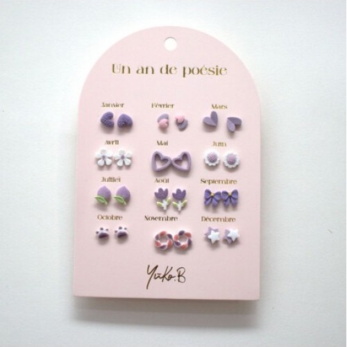 YUKO.B: Καρτέλα με 12 ζευγάρια σκουλαρίκια - A Year of Purple Poetry